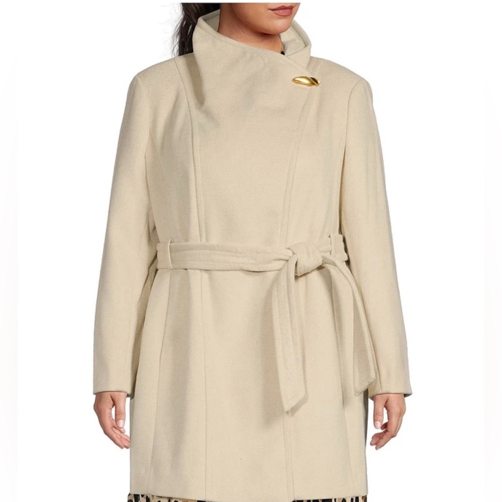 Donna Karan Cream Belted Wool Pea Coat with Gold Accent